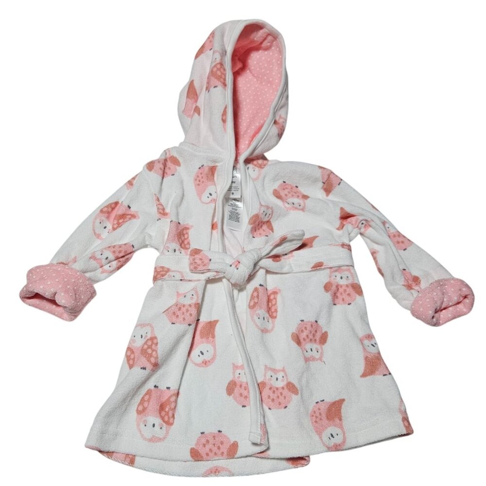 Carters Baby Pink Owl Hooded Bathrobe Size 0-9 Months Soft Terry Cloth Bath Cozy